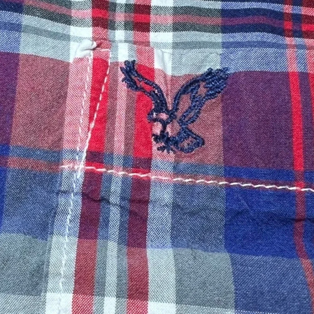 American Eagle Mens Size Short Sleeve Large Shirt Red Blue Plaid Vintage Fit‎